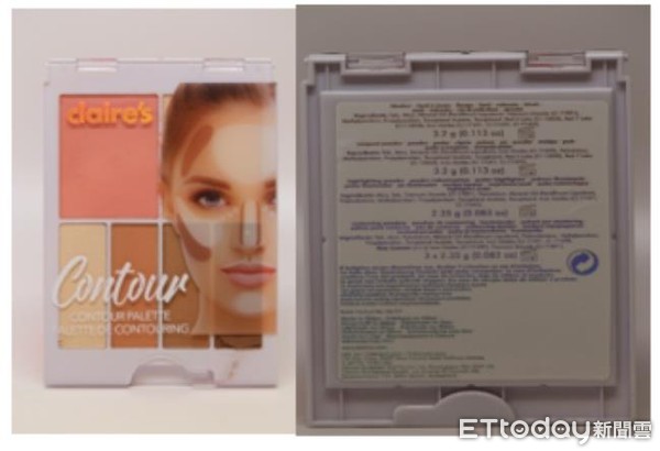 「Claire`s Eyeshadows」等5項產品，疑似含有石棉類成分。（圖／食藥署提供）