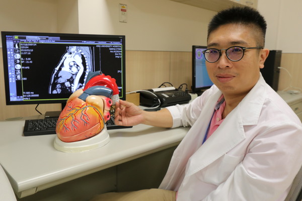 ▲▼圖片2913：亞大醫院心臟血管外科主任劉殷佐指出胸主動脈瘤剝離位置。支架置放示意圖：右邊凸起處為胸主動脈瘤位置。。（圖／亞大醫院提供）